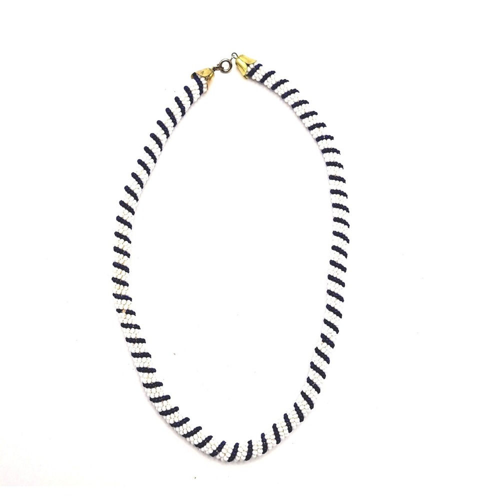 Vintage Beaded Spiral Necklace Blue White Statement Seed Bead Handmade Jewelry